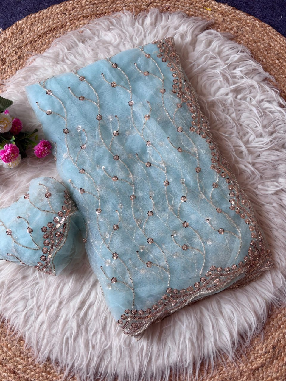 Pure Soft Net With Beautiful Original Rose Gold Beads Saree