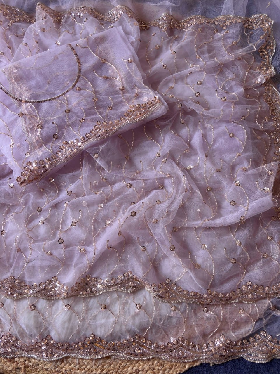 Pure Soft Net With Beautiful Original Rose Gold Beads Saree