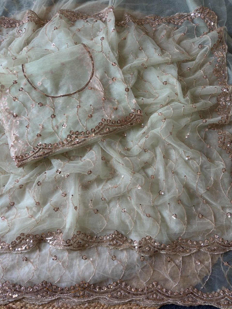 Pure Soft Net With Beautiful Original Rose Gold Beads Saree