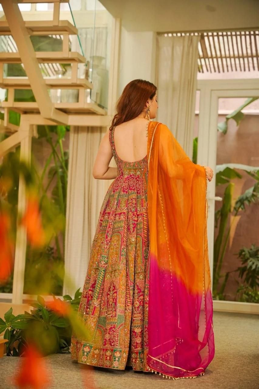 Digital printed Jimy organza silk suit with huge flair