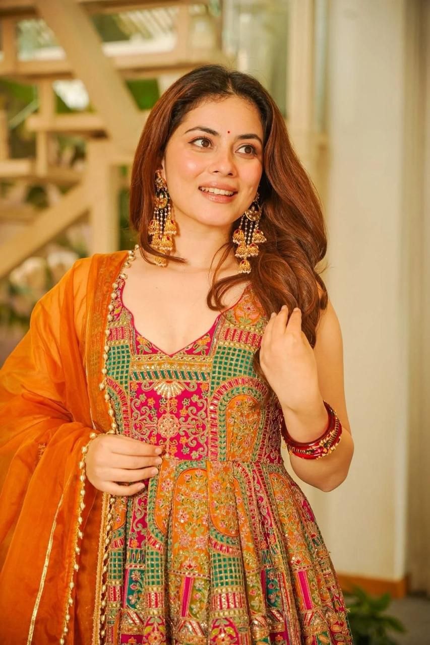 Digital printed Jimy organza silk suit with huge flair