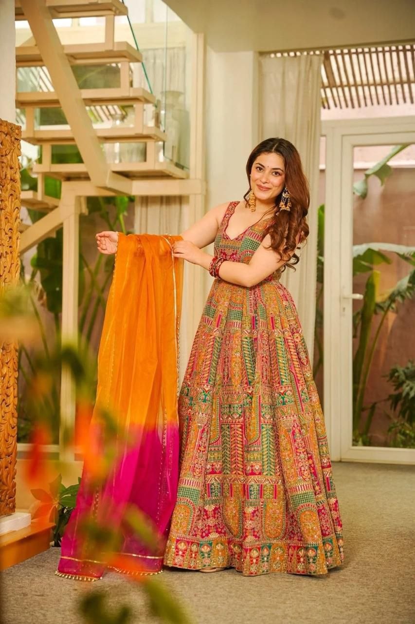 Digital printed Jimy organza silk suit with huge flair
