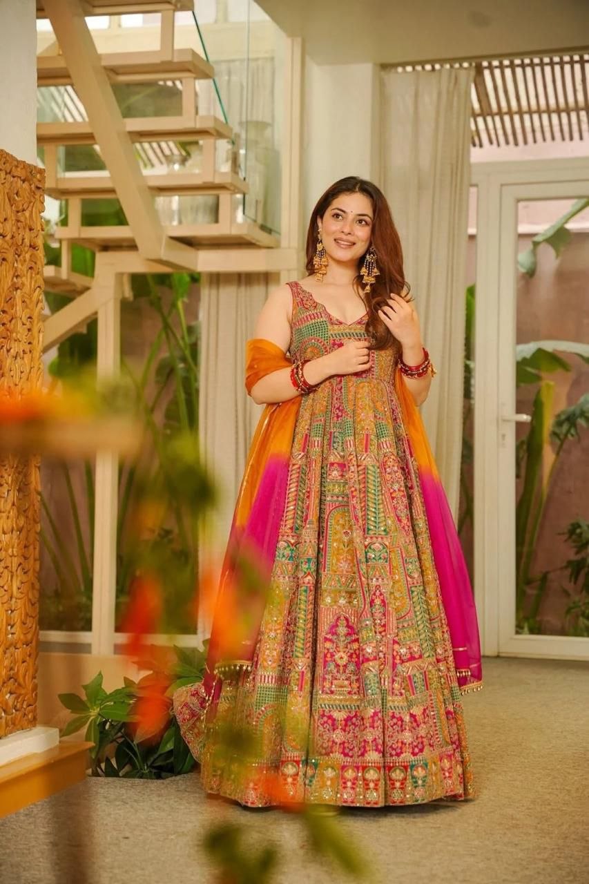 Digital printed Jimy organza silk suit with huge flair