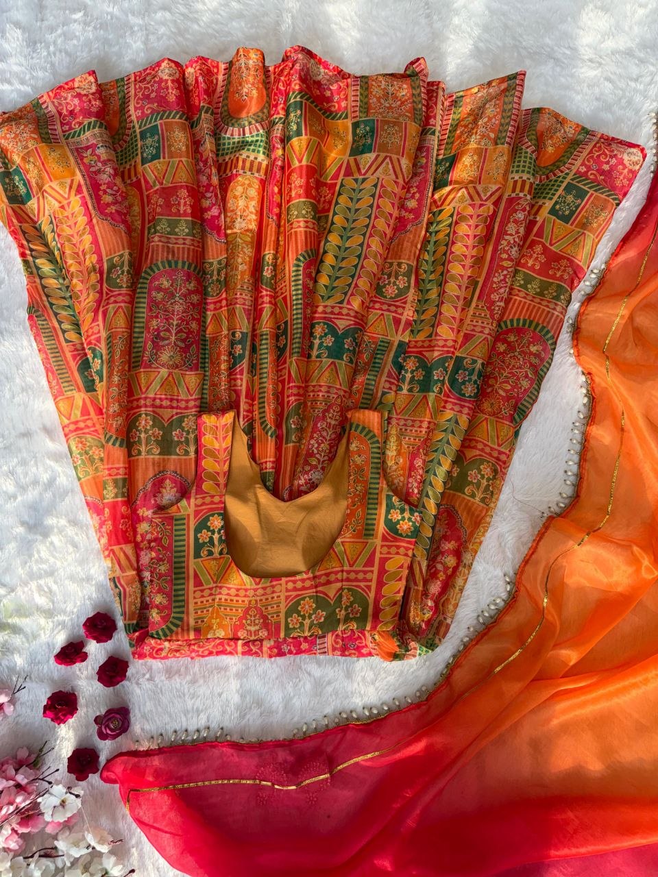 Digital printed Jimy organza silk suit with huge flair