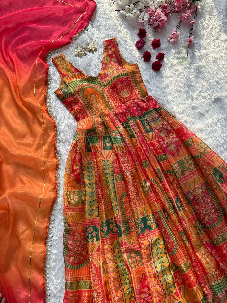 Digital printed Jimy organza silk suit with huge flair