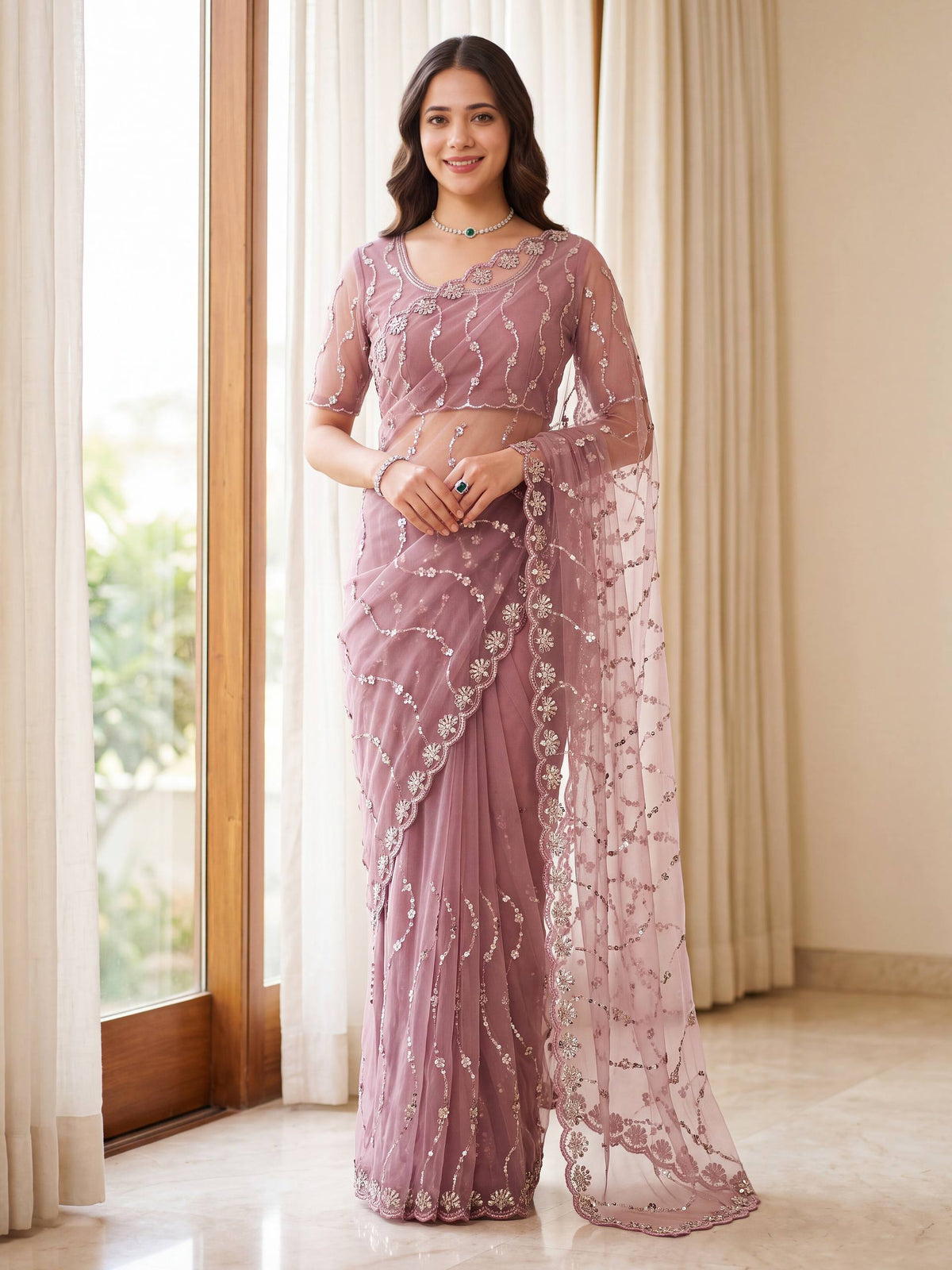 Net Bidds Sequence Pearls Embroidery Work Saree