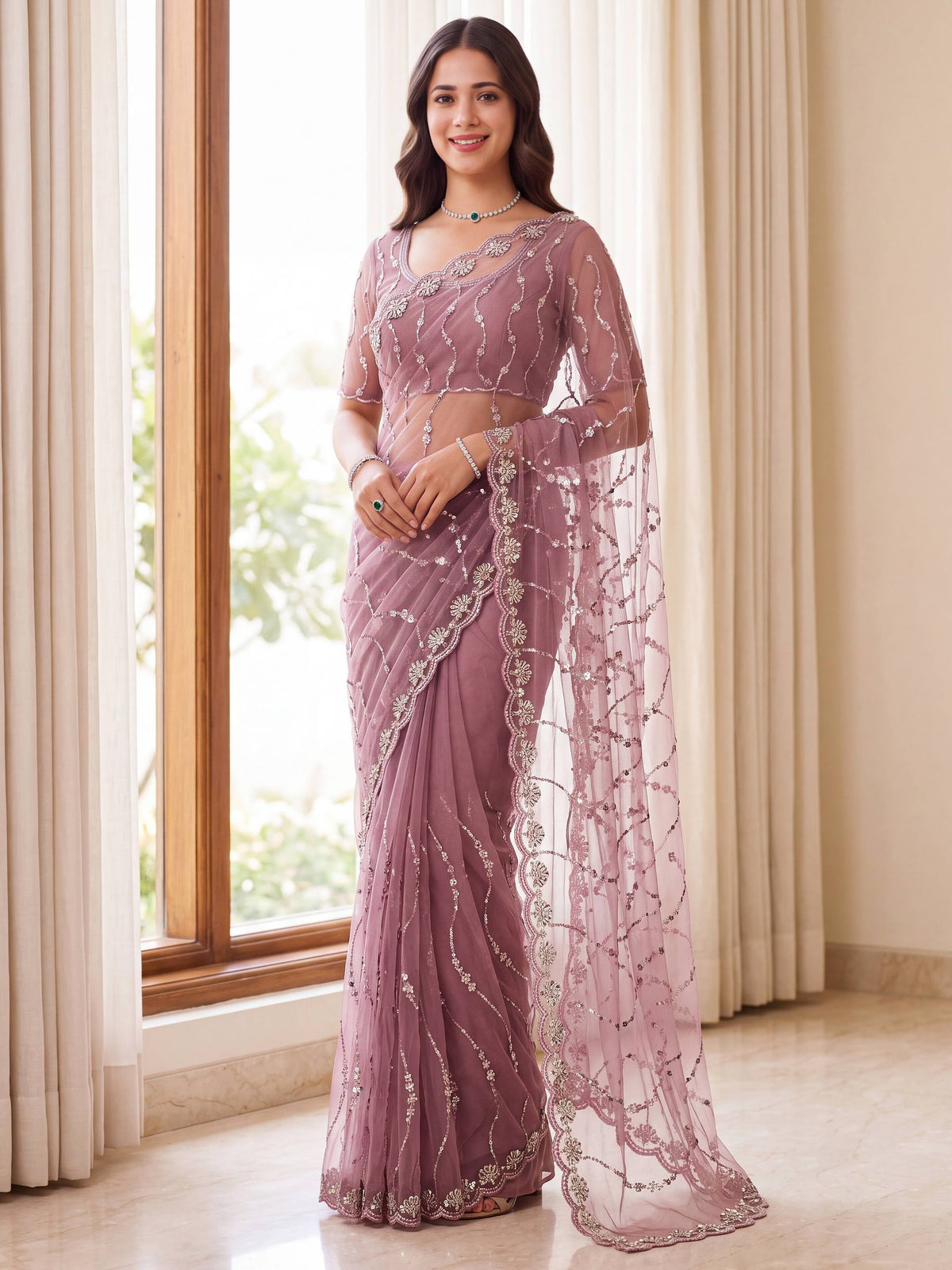 Net Bidds Sequence Pearls Embroidery Work Saree
