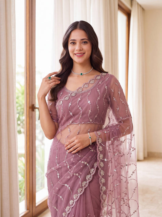 Net Bidds Sequence Pearls Embroidery Work Saree