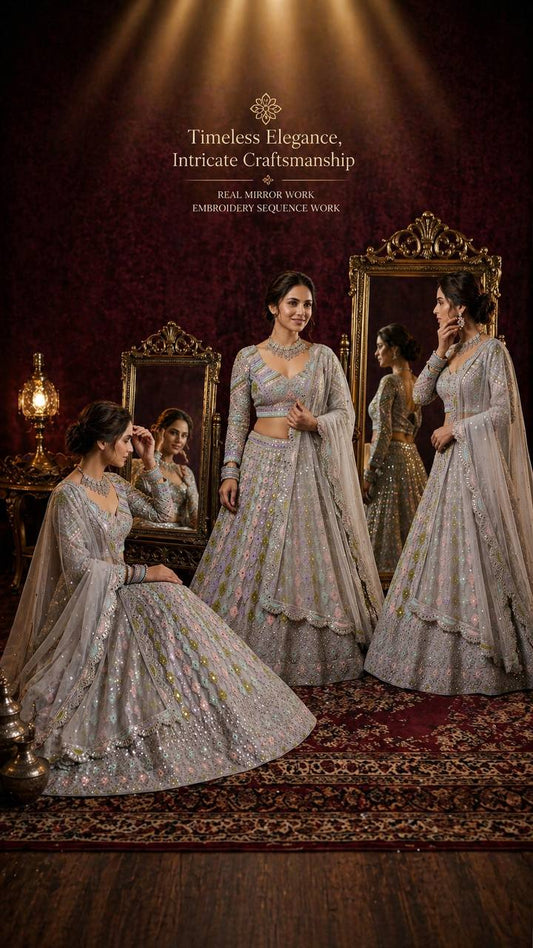 Launching 4 meter flared Real Mirror Embroidery Sequins Work Lehenga