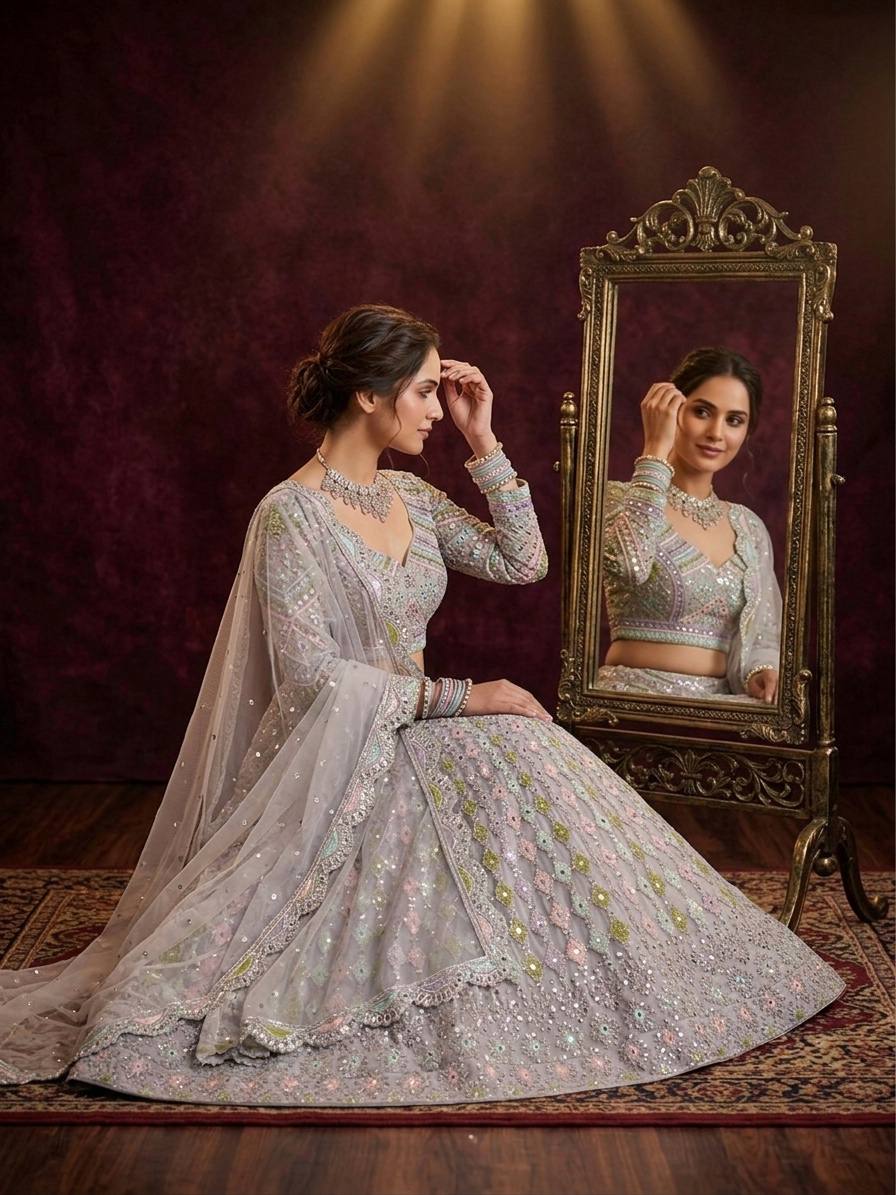 Launching 4 meter flared Real Mirror Embroidery Sequins Work Lehenga