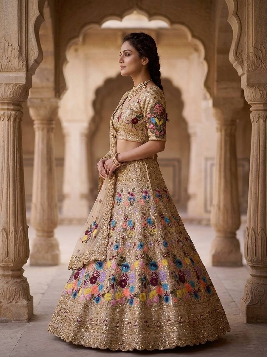 Einführung eines 4 Meter ausgestellten Fox Georgette Lehenga