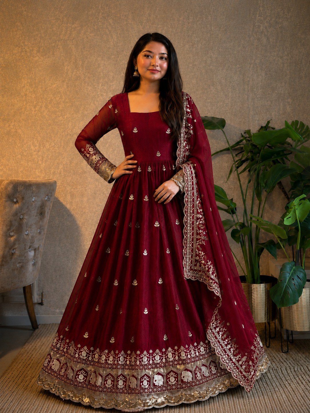 Premium Fandy Satin Zari Sequence Embroidery Work Gown