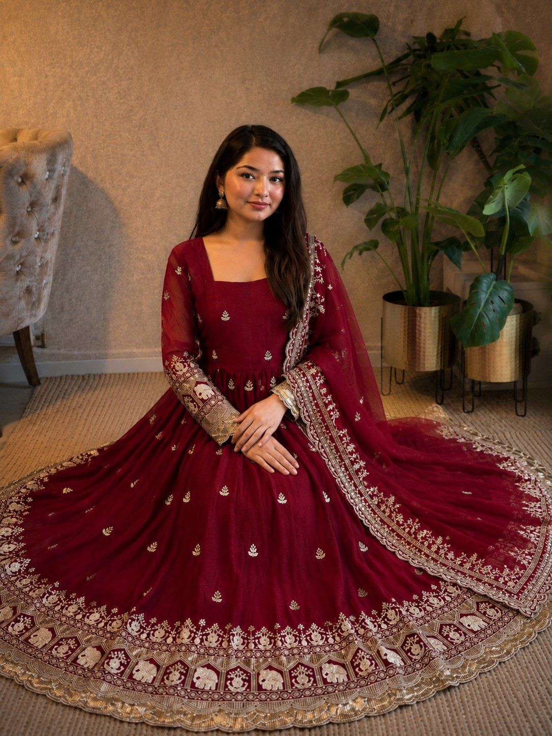 Premium Fandy Satin Zari Sequence Embroidery Work Gown