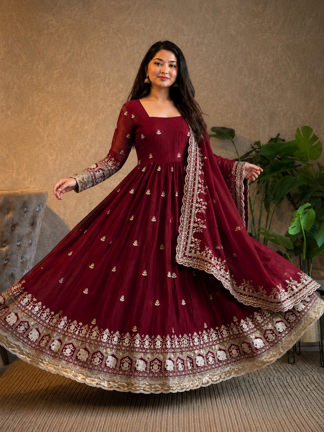 Premium Fandy Satin Zari Sequence Embroidery Work Gown