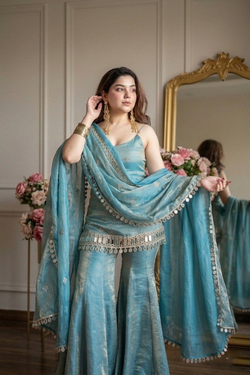 Premium Fandy Fabric Zari & Sequence Embroidery Work Sharara Set