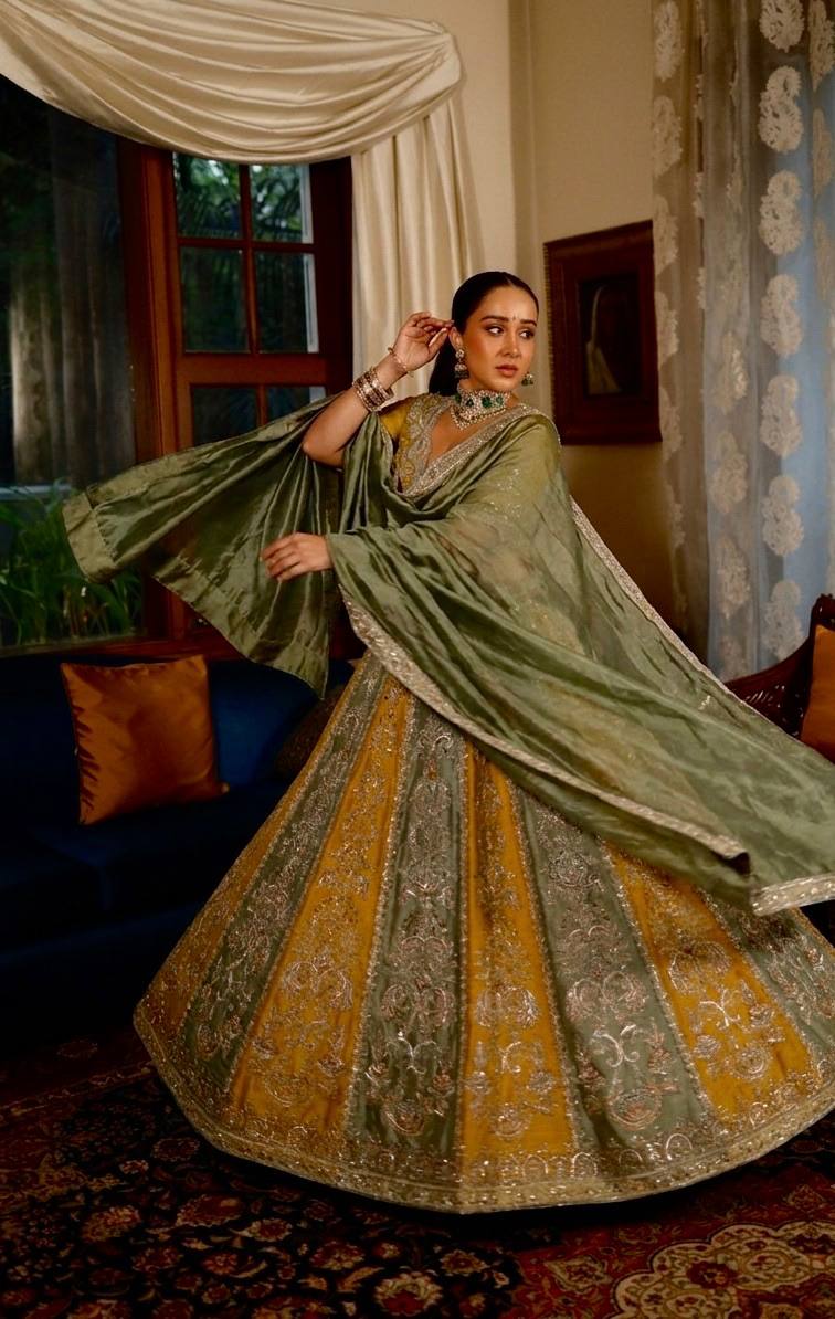 Roman satin silk lehenga with sequins dori & thread work choli