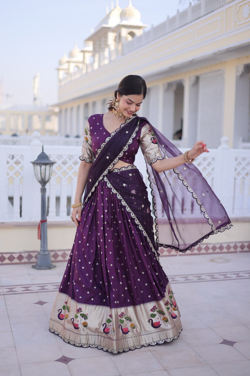 Dola silk with Meena Weaving With Sequins coding Embroidered lace lehenga