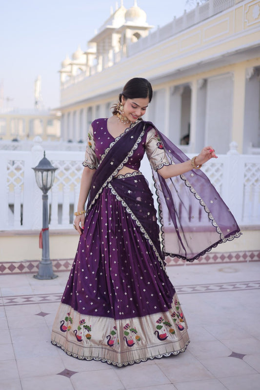 Dola silk with Meena Weaving With Sequins coding Embroidered lace lehenga