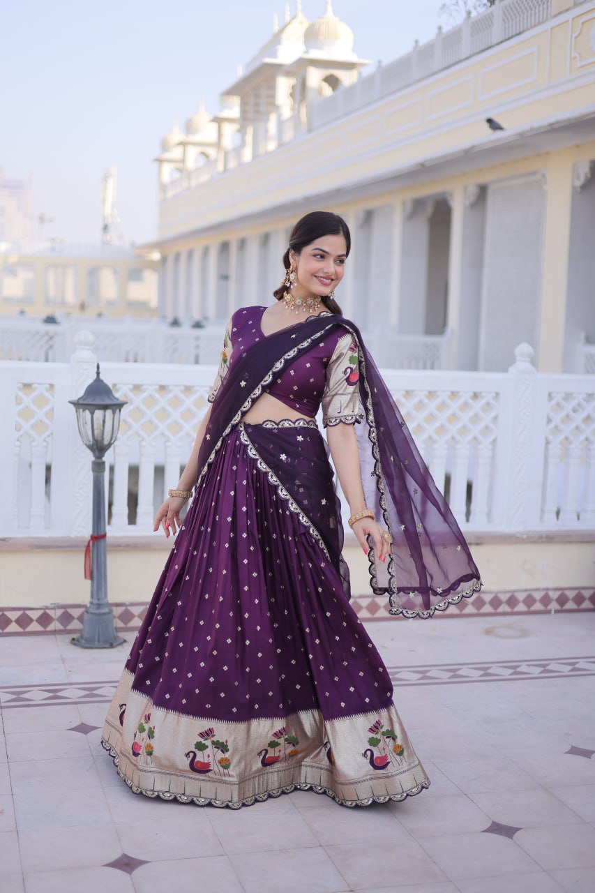 Dola silk with Meena Weaving With Sequins coding Embroidered lace lehenga