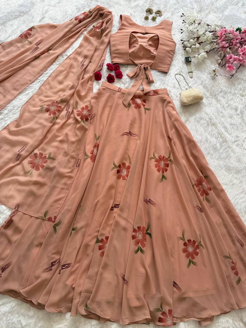 Georgette Handpaint 8 mtr flair lehnga