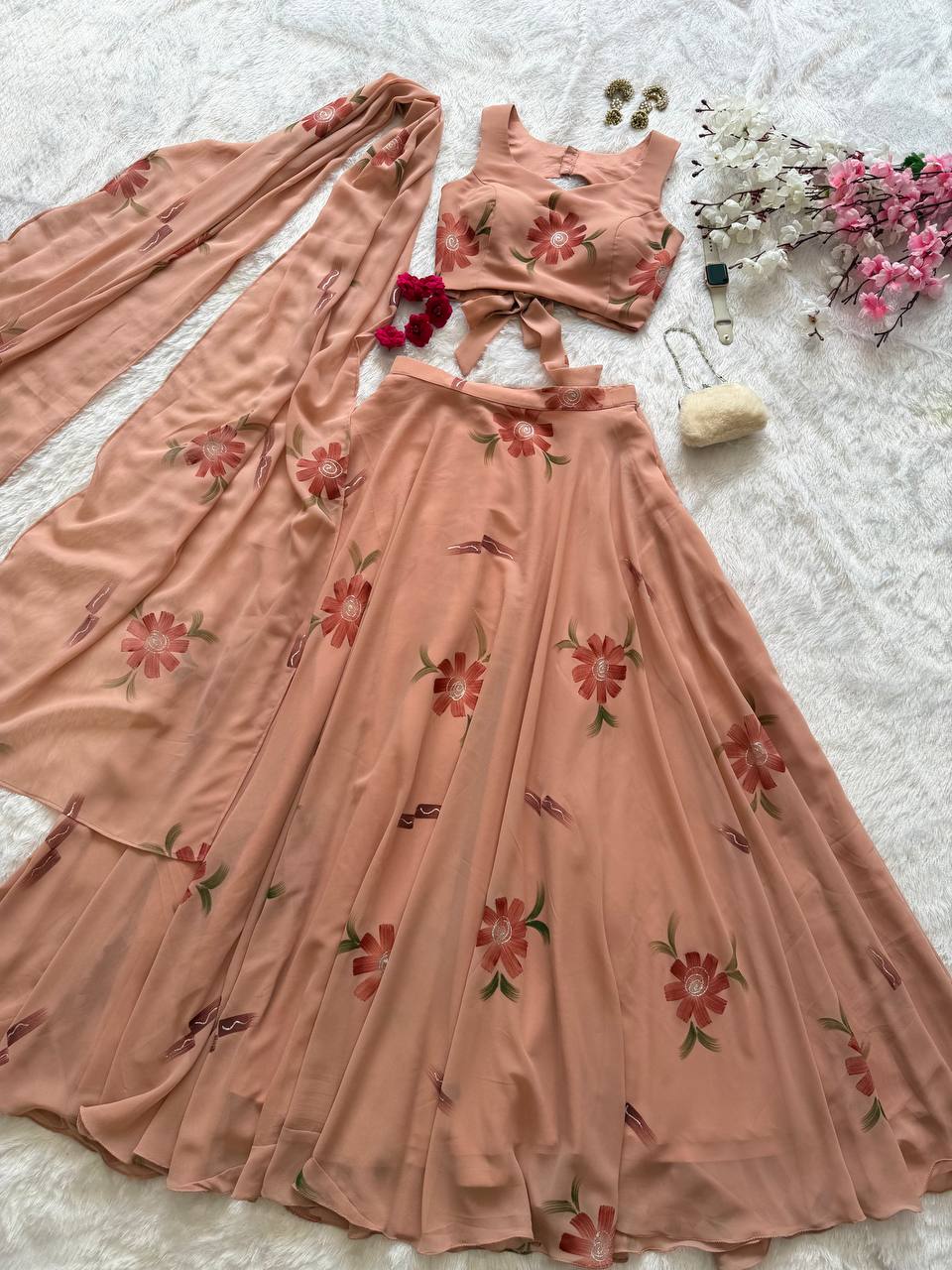 Georgette Handpaint 8 mtr flair lehnga
