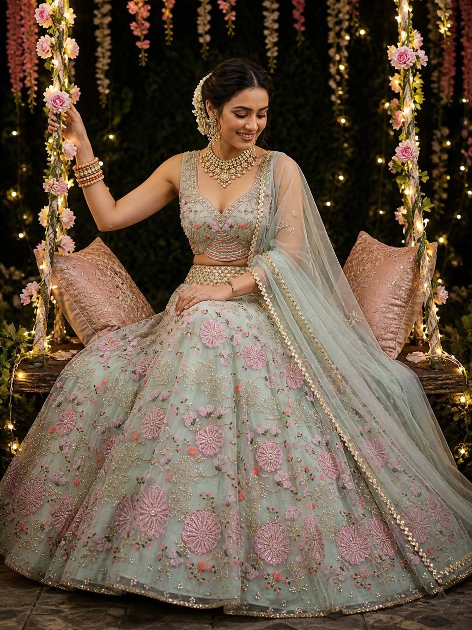 Einführung eines 4 Meter ausgestellten Tabby Silk Lehenga