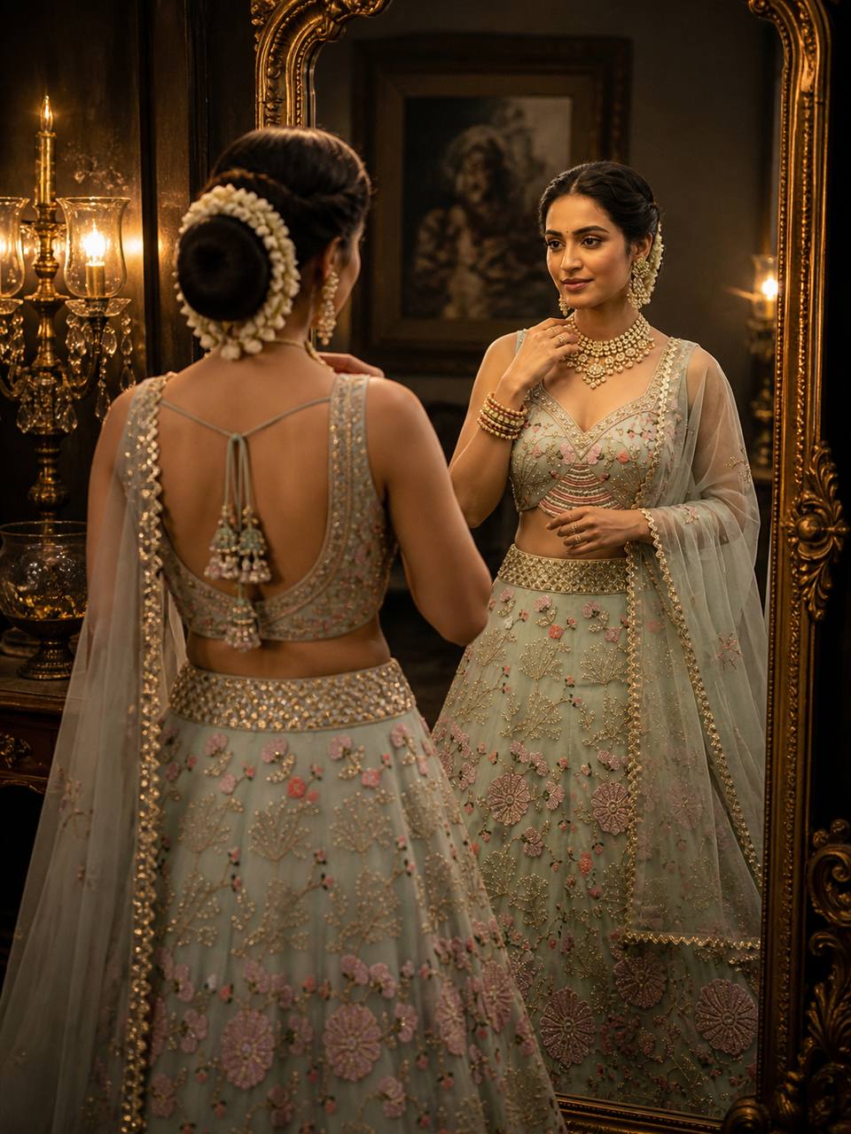 Einführung eines 4 Meter ausgestellten Tabby Silk Lehenga