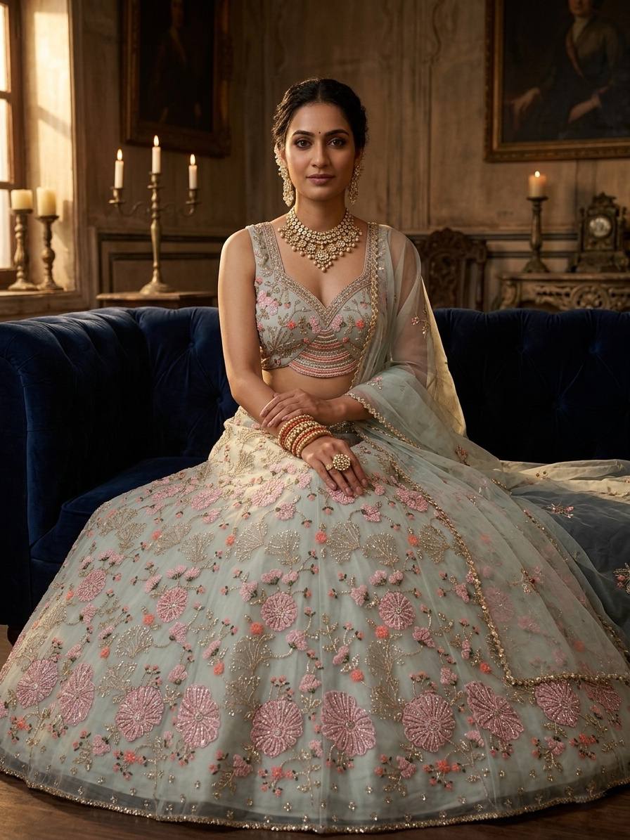 Einführung eines 4 Meter ausgestellten Tabby Silk Lehenga