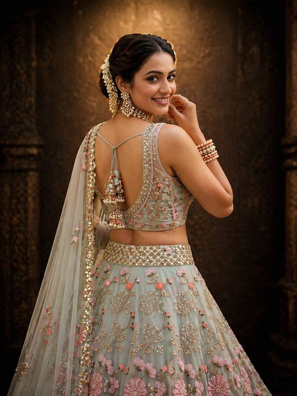Einführung eines 4 Meter ausgestellten Tabby Silk Lehenga