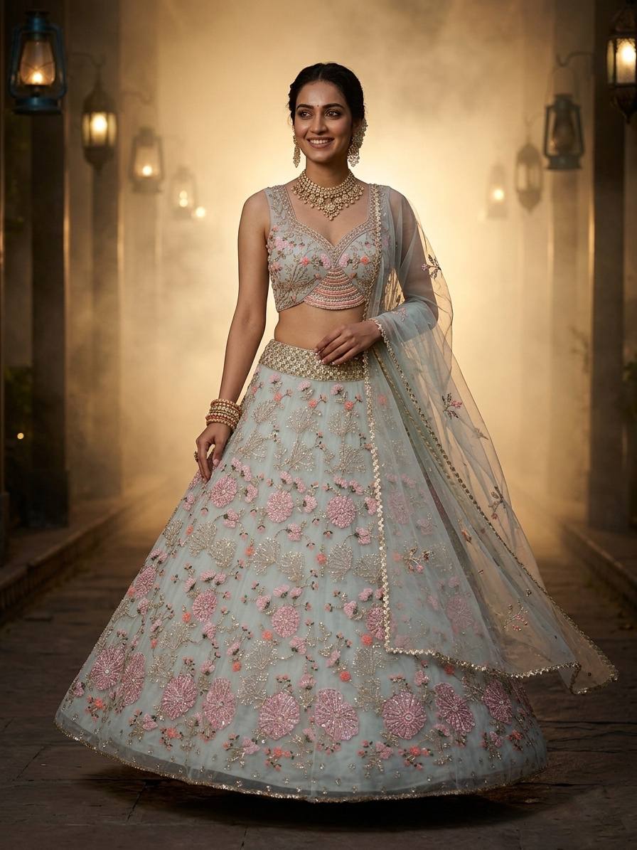 Einführung eines 4 Meter ausgestellten Tabby Silk Lehenga