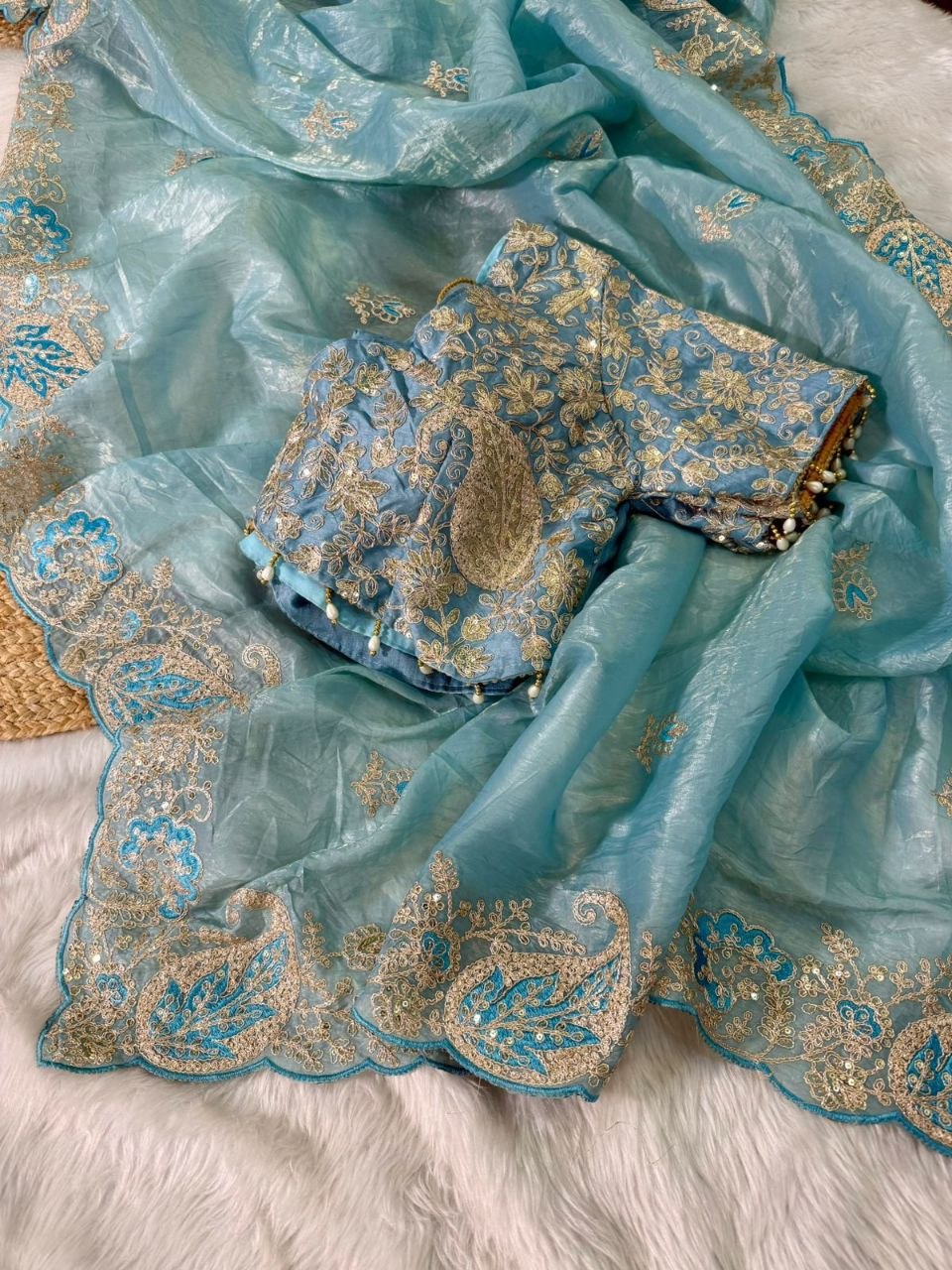 Elegant Crystal Crush Tissue Saree