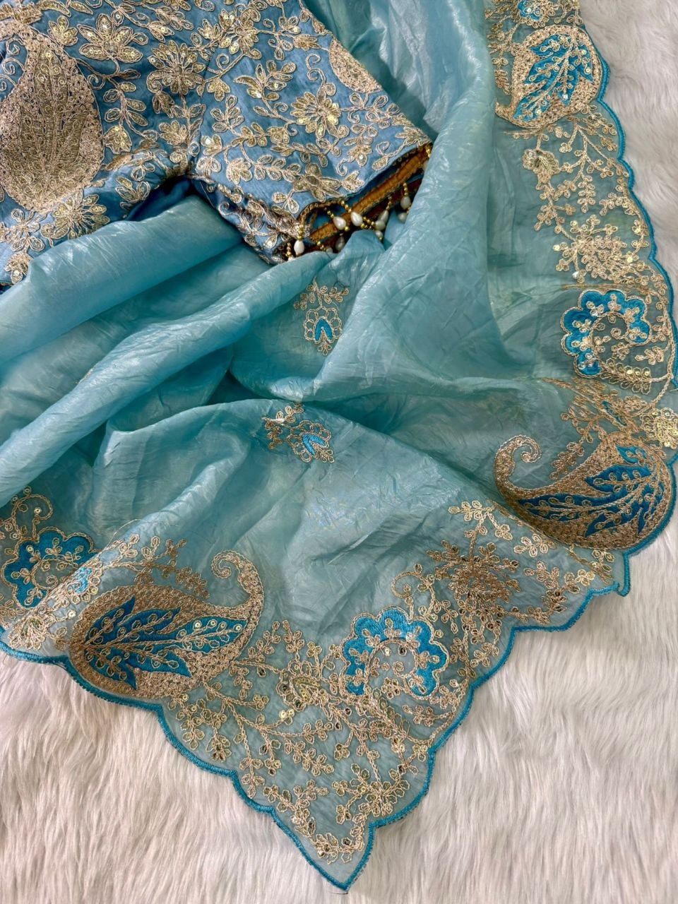 Elegant Crystal Crush Tissue Saree