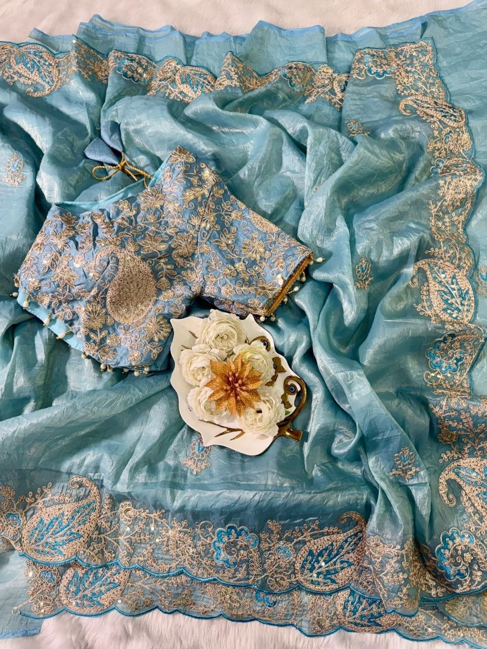 Elegant Crystal Crush Tissue Saree