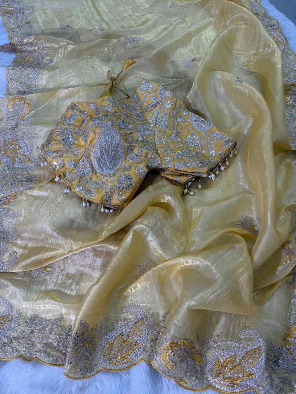 Elegant Crystal Crush Tissue Saree
