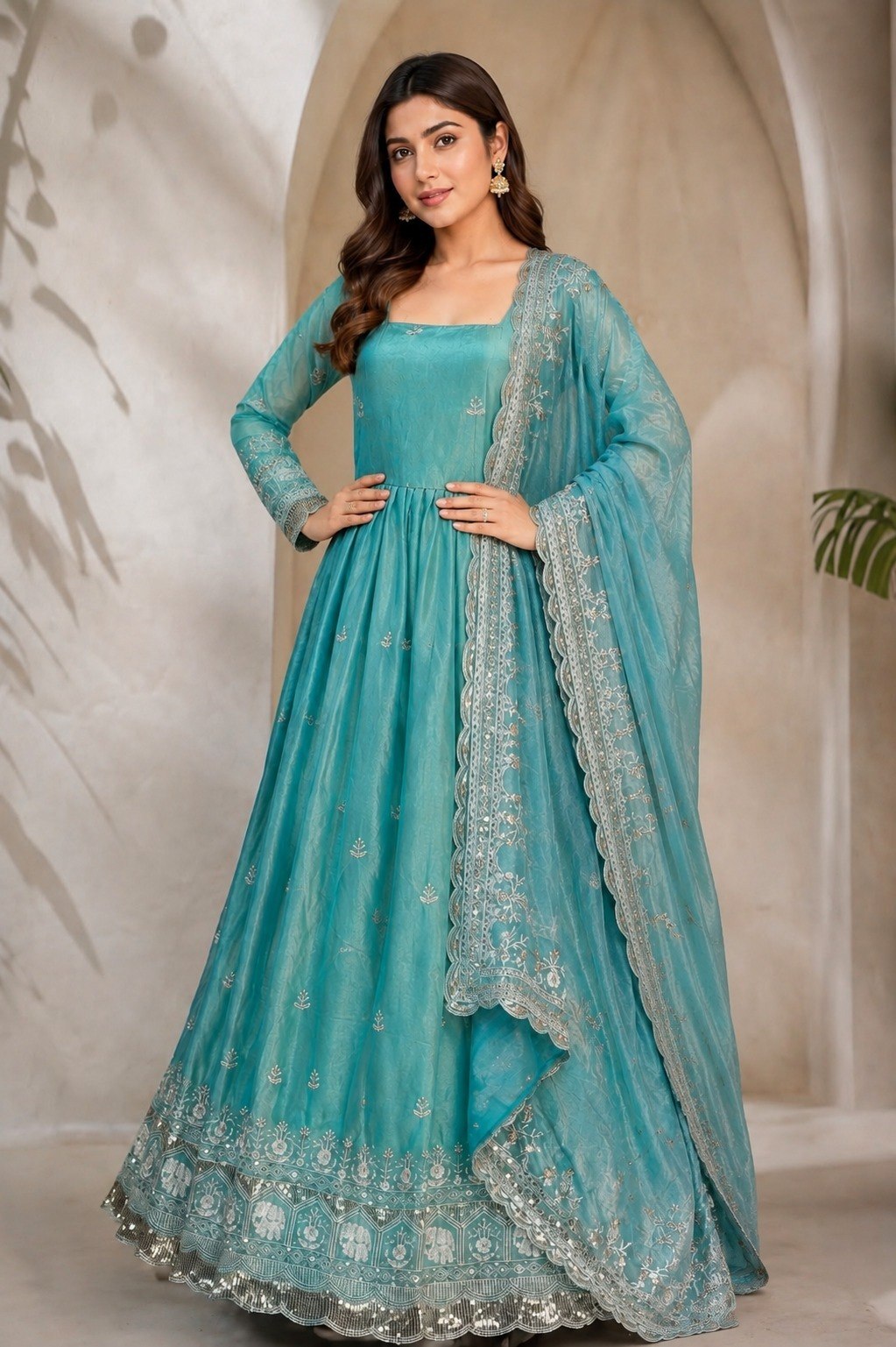 Premium Fandy Satin Zari Sequence Embroidery Work Gown