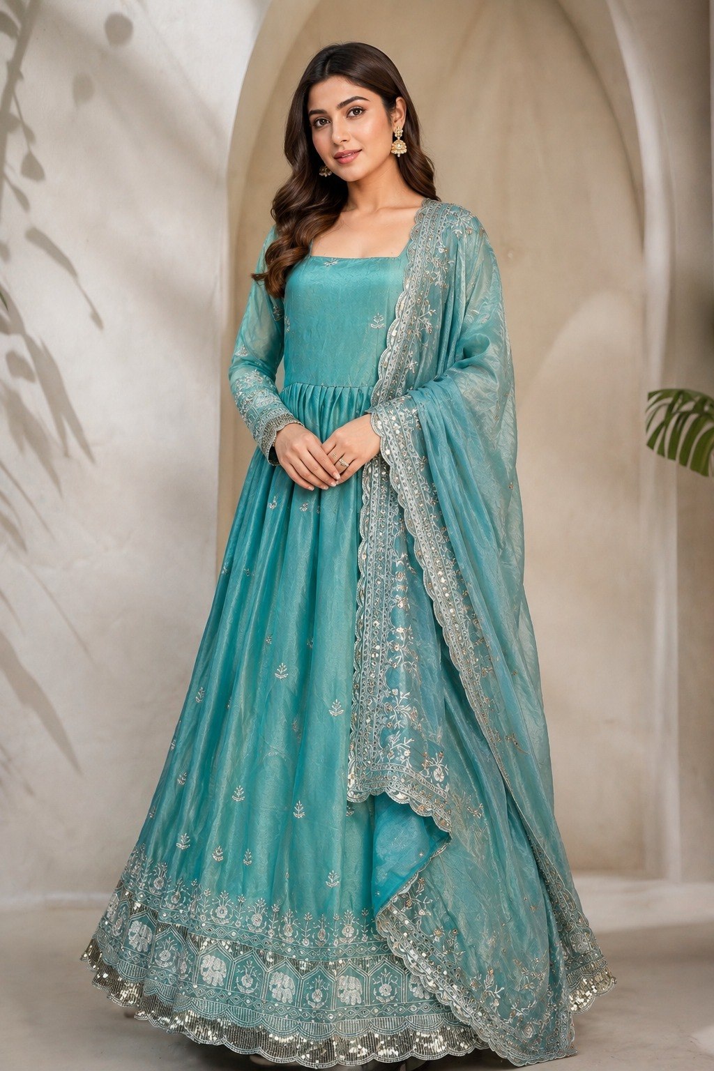 Premium Fandy Satin Zari Sequence Embroidery Work Gown
