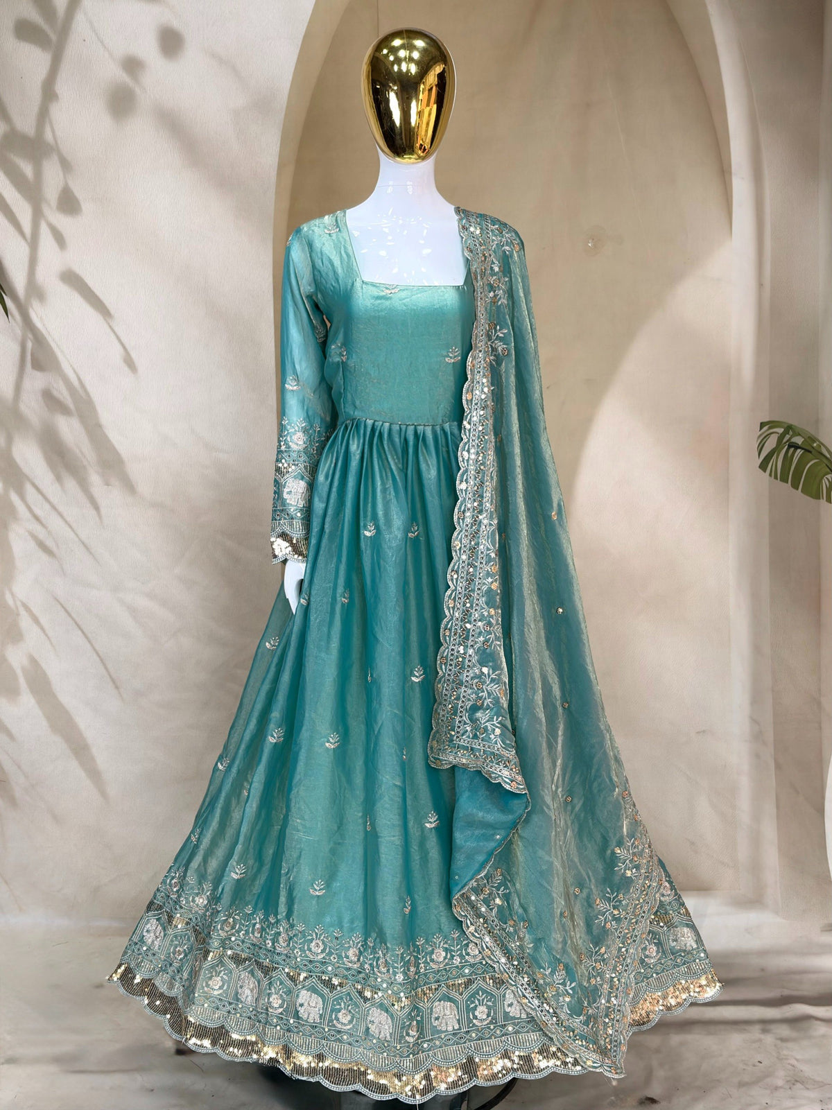 Premium Fandy Satin Zari Sequence Embroidery Work Gown