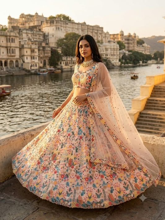 Soyez magnifique dans ce magnifique ensemble lehenga blanc cassé