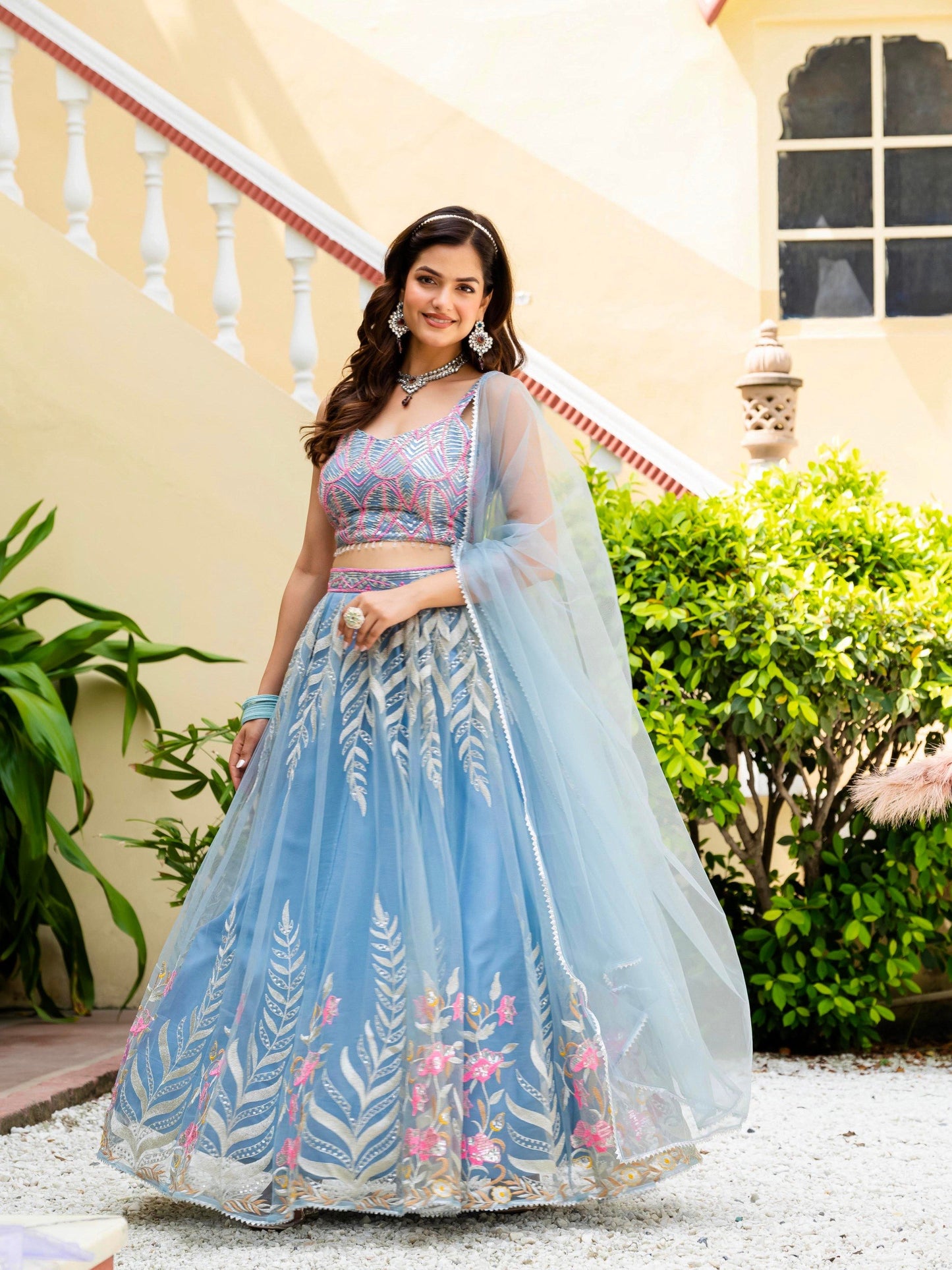 Soft Net STUNNING SKY BLUE LEHENGA CHOLI SET