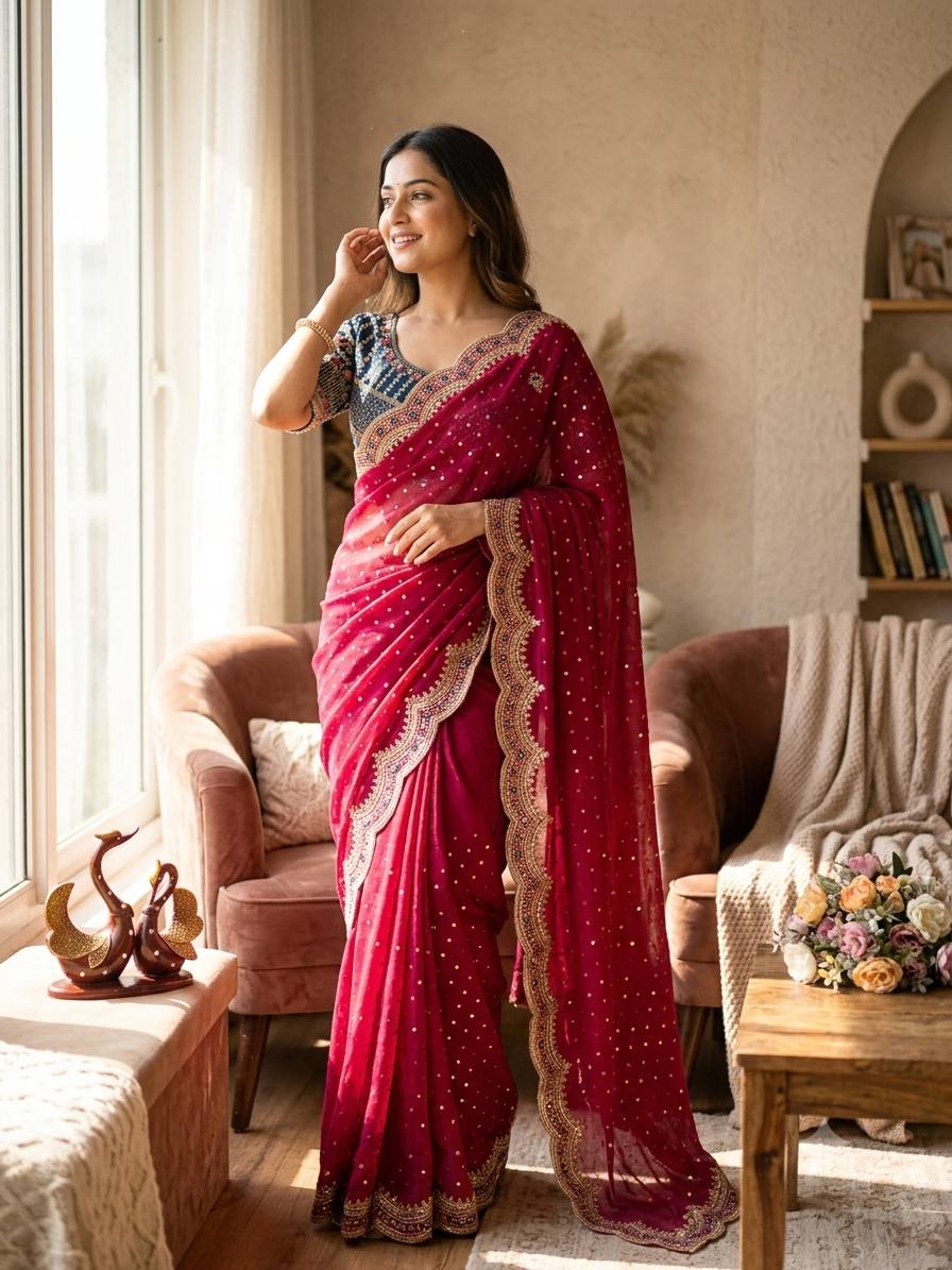 NC Zari Butti Sequance and Zari Embroidery Work Saree