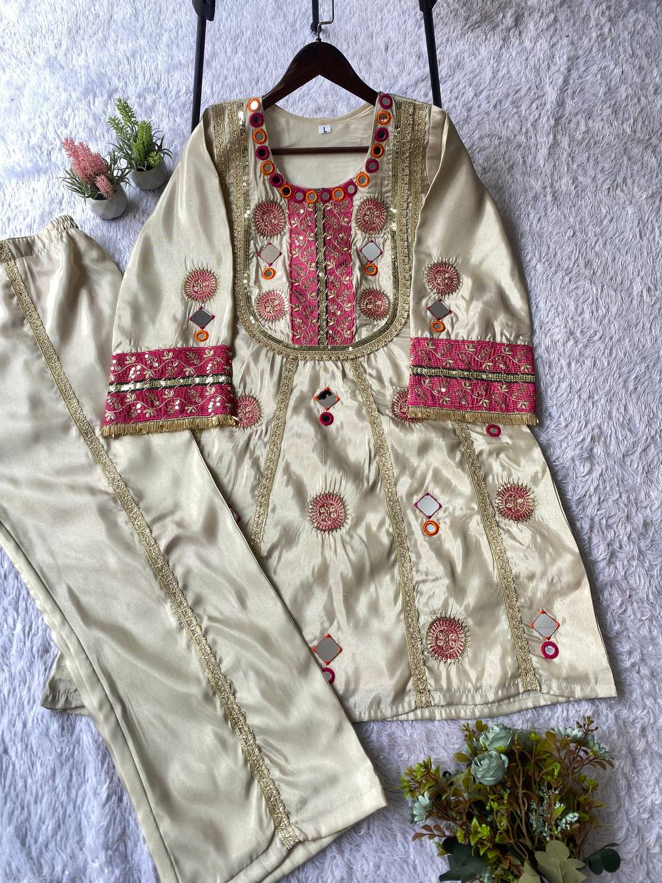 COS MOSS REAL MIRROR AND SEQUENCE EMBROIDERY WORK SUIT