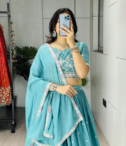 Star Gorgette Embroidery n Pipe Bead With Traditional Work Lehenga
