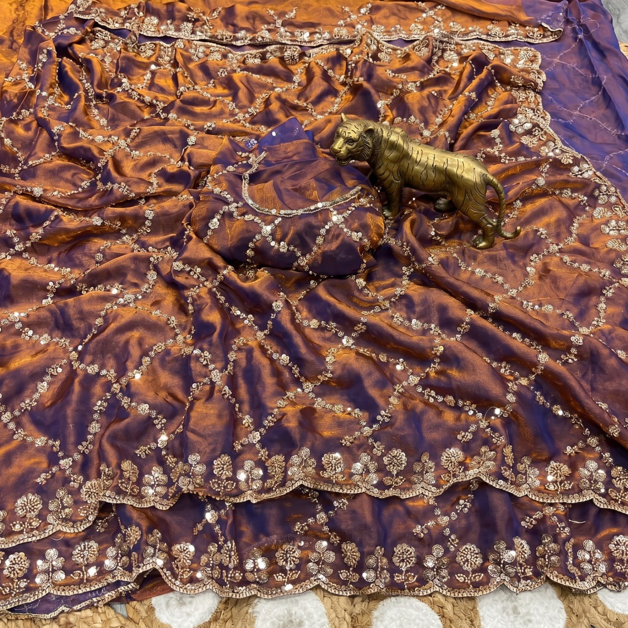 Pure Fandy Sattin Silk With Beautiful Original Gold Beads