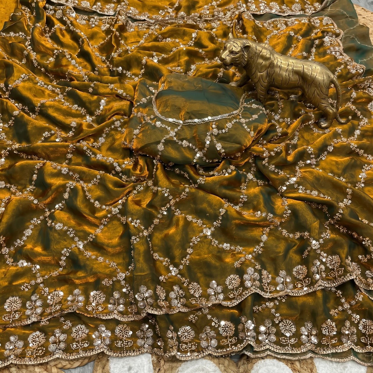 Pure Fandy Sattin Silk With Beautiful Original Gold Beads