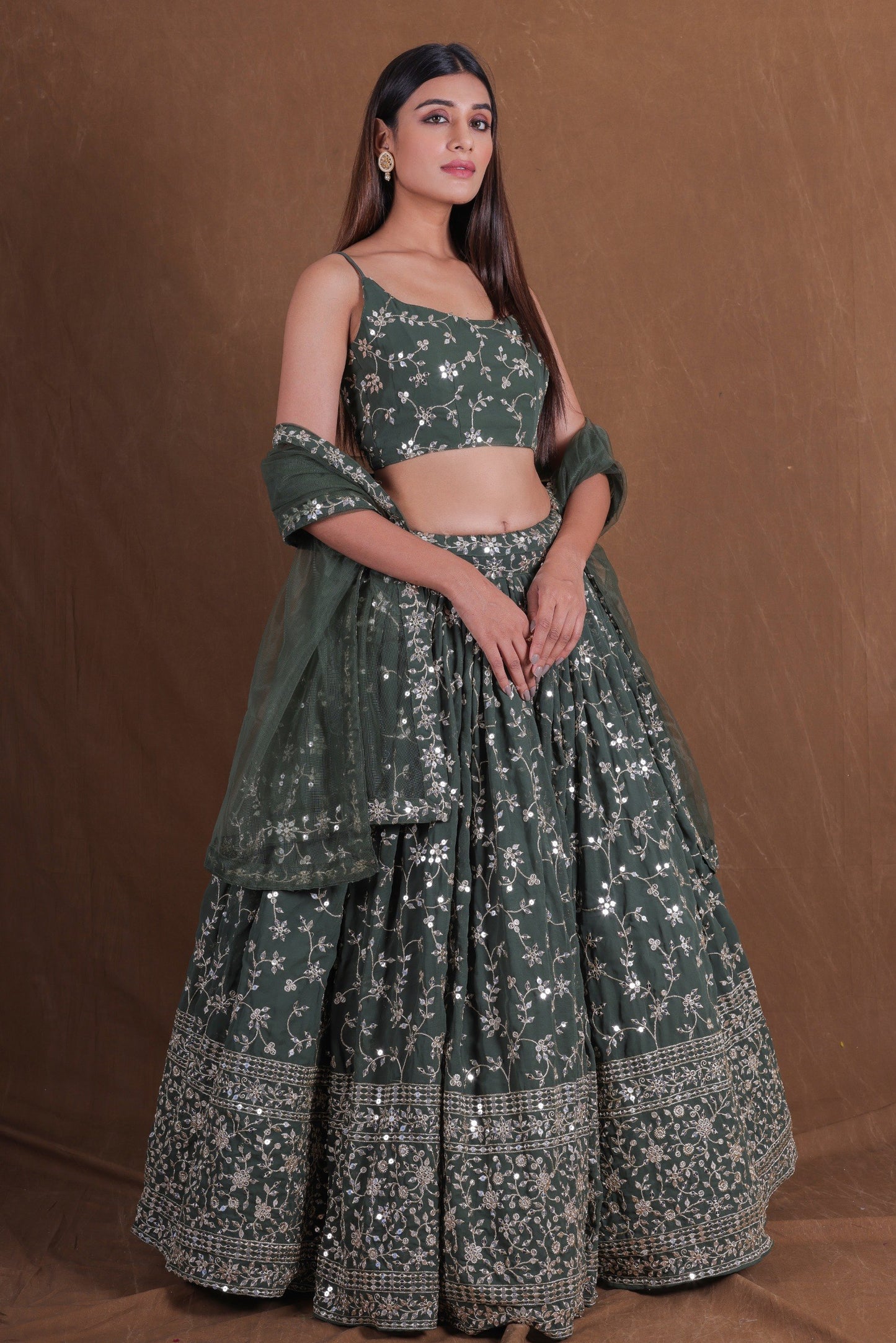 Georgette Zari Sequence Embroidery Work Lehenga