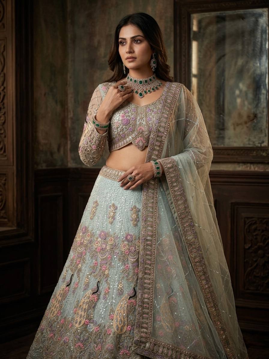 Einführung eines 4 Meter ausgestellten Coding Sequins Work Lehenga