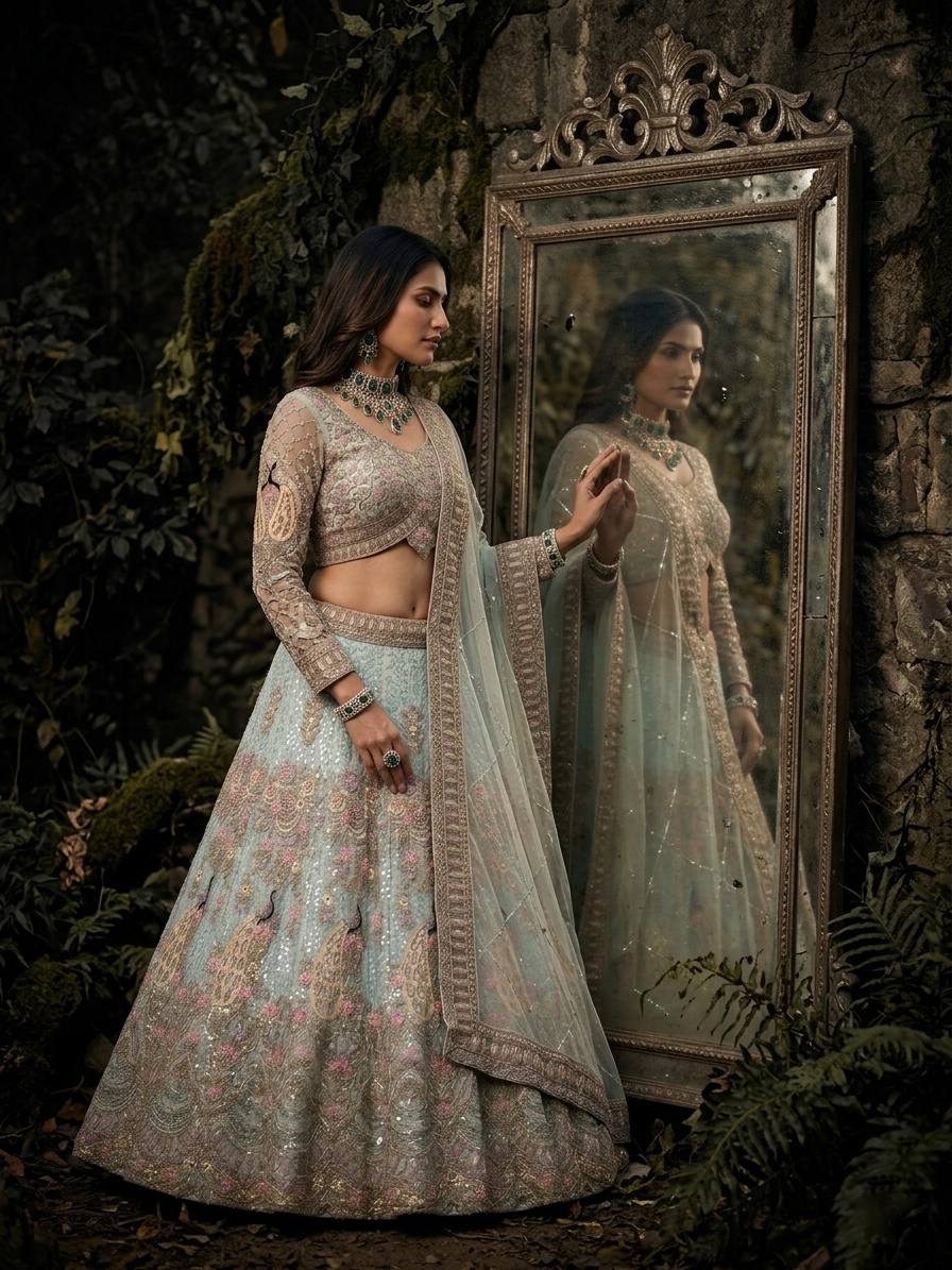 Einführung eines 4 Meter ausgestellten Coding Sequins Work Lehenga