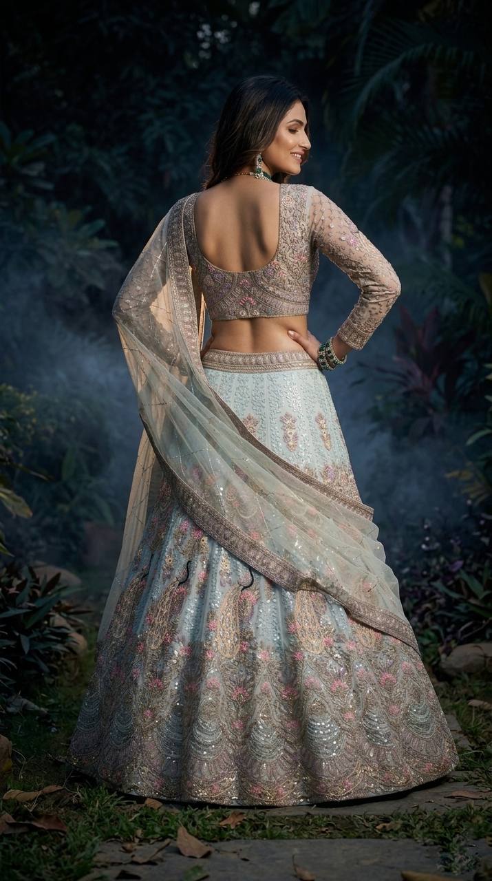 Einführung eines 4 Meter ausgestellten Coding Sequins Work Lehenga