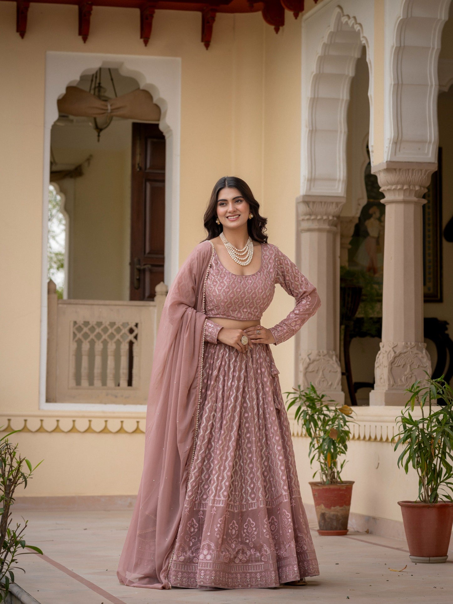 Faux Georgette Thread,Zari Sequence Embroidery Work Lehenga