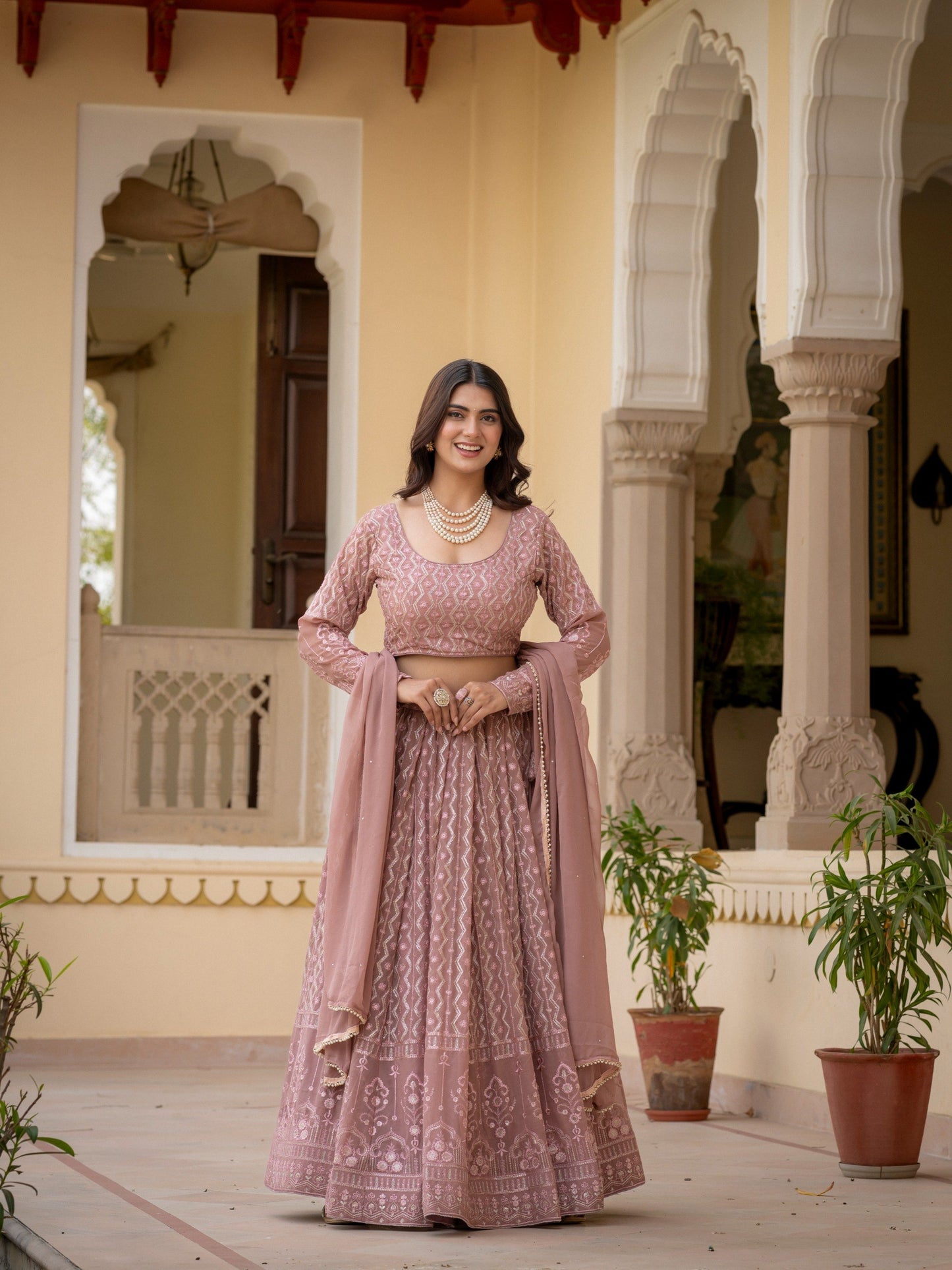 Faux Georgette Thread,Zari Sequence Embroidery Work Lehenga